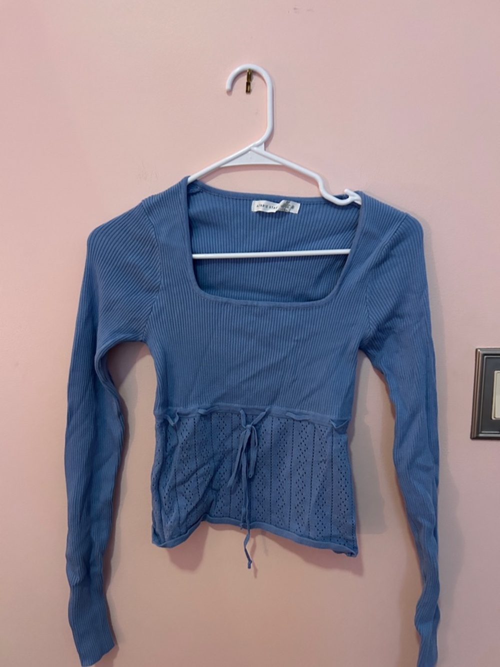 Altar'd State Dusty Blue Ribbed Long-Sleeve Top with Drawstring